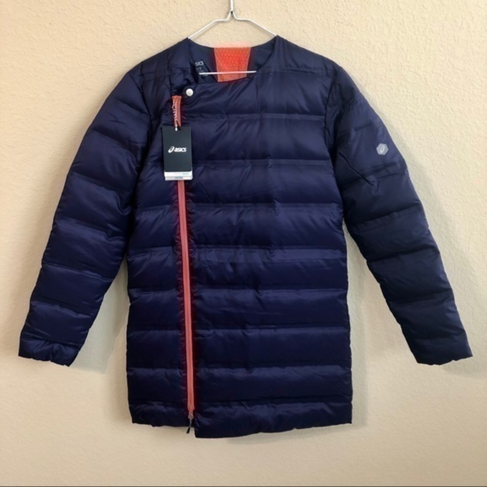 ASICS Coat Puffer Purple Welded Long Down Coat Asymmetrical Zipper Winter Jacket